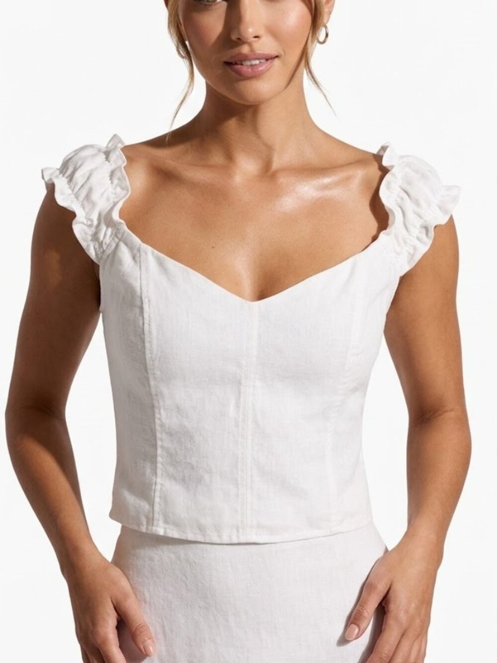 Abercrombie & Fitch White Linen Milkmaid Corset Top Smocked Back Ruffle Sleeve M